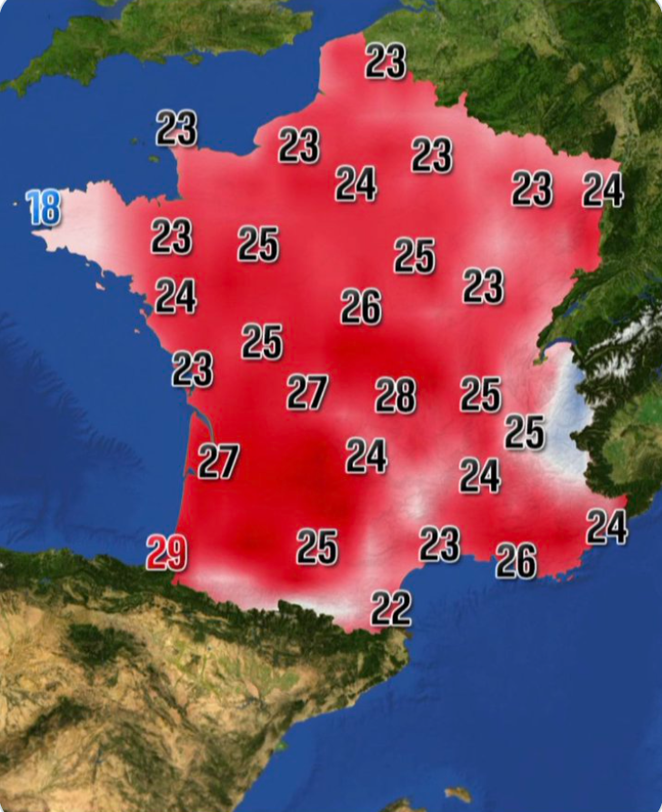 Regardez comme il va faire chaud ! La carte est rouge ! Ayez peur !